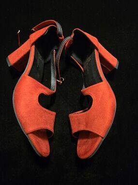 Red Suede Block Heel Sandals - Women